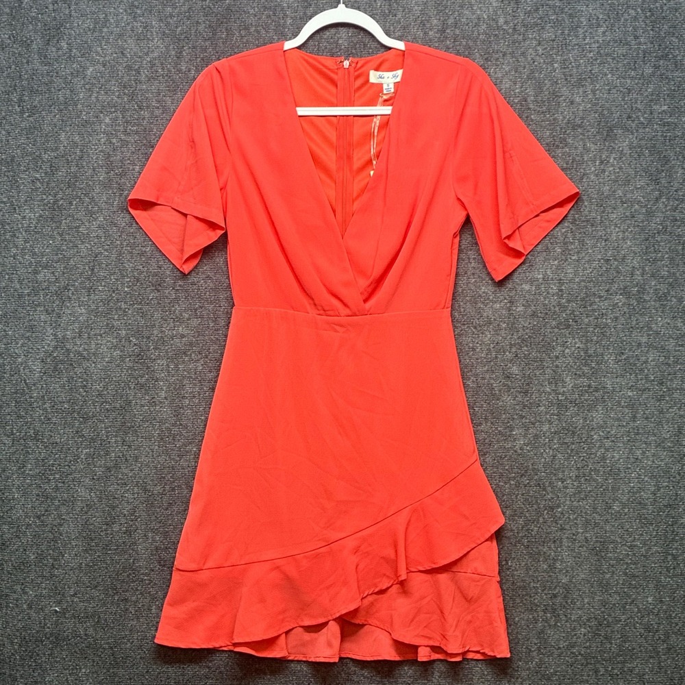 She+Sky NWT Mini Dress Small‎ Coral Faux Wrap Ruffle V-Neck Cottage Western Chic
